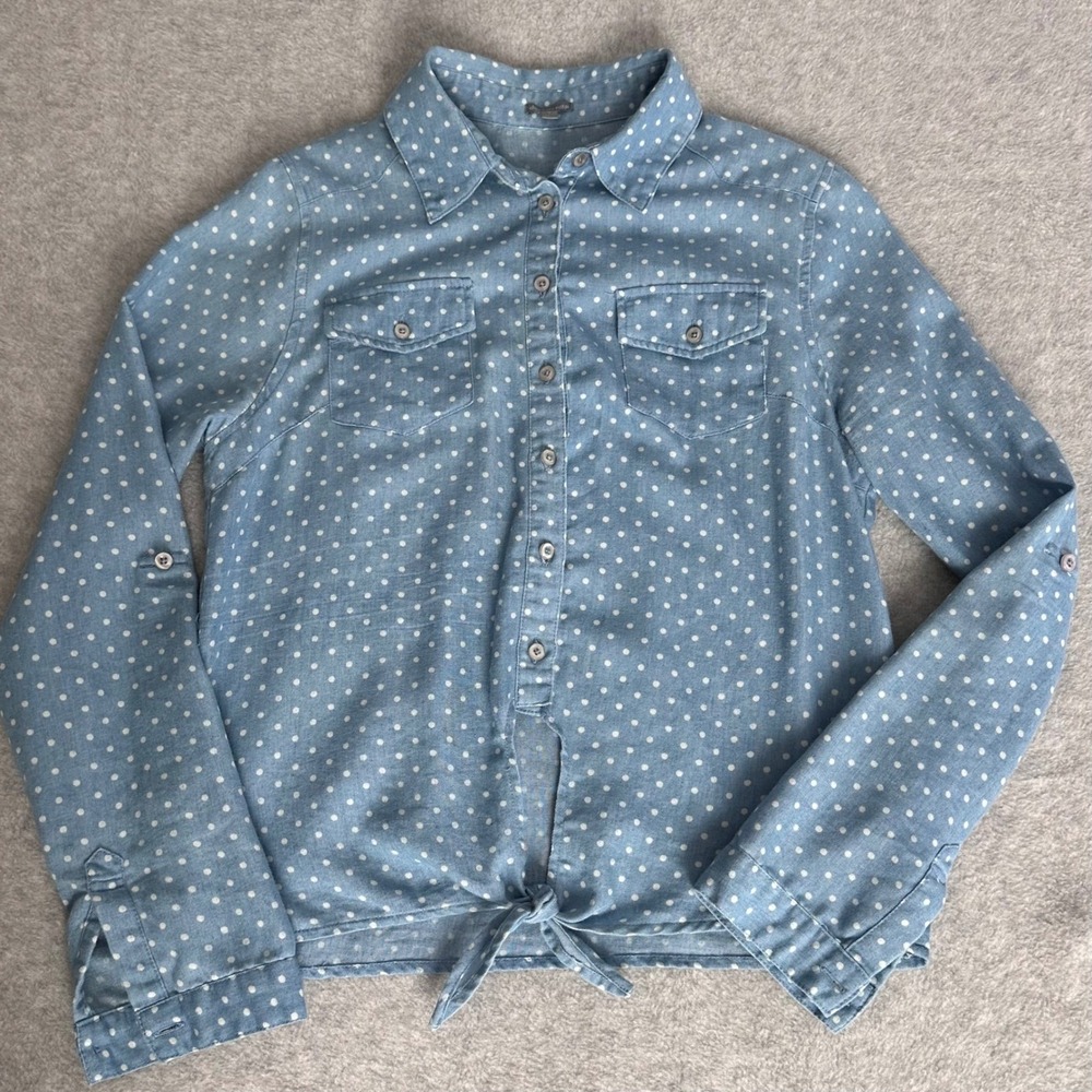Charlotte Russe Polka Dot Tie Front Chambray Shirt Blue Small Country Cowgirl